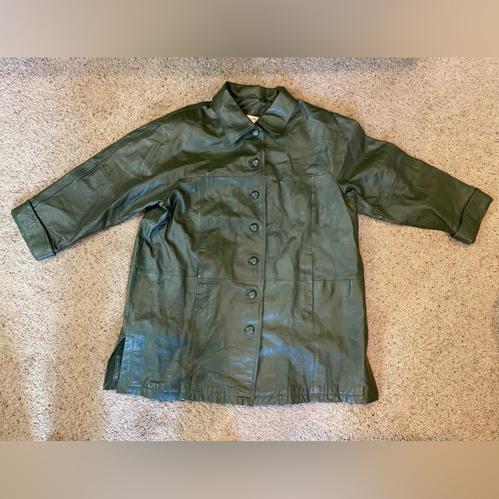 Roaman's Forest Green Leather Button-Up Jacket